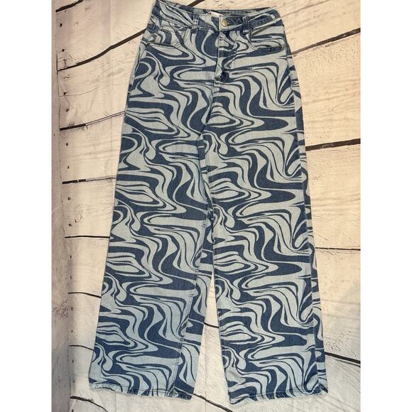 Swirl Print Wide Leg High Rise Jeans 9/29W Blue Denim - Picture 1 of 6